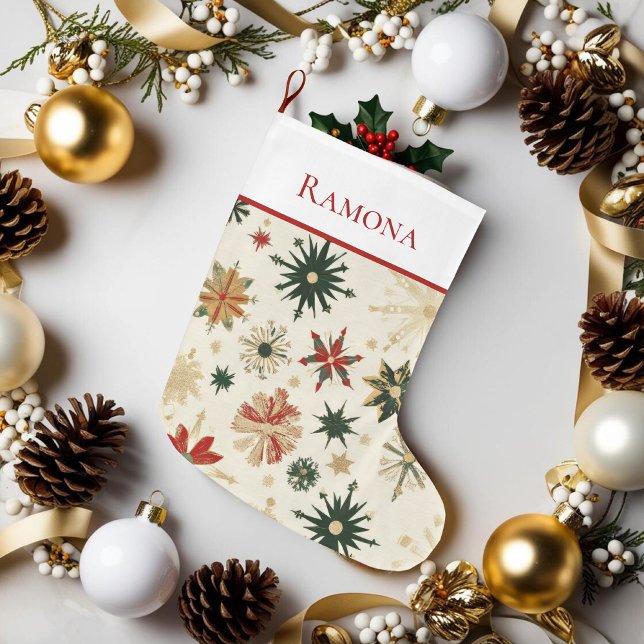 Grande Chaussette De Noël Élégant Snowflakes Vintage Or (Elegant Vintage Gold Snowflakes Large Christmas Stocking)