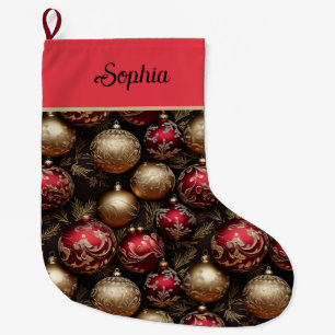 Grande Chaussette De Noël Élégant Vintage or rouge sapin de Noël