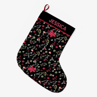 Grande Chaussette De Noël Elegante Green Feuilles Or Et Red Holly Berries
