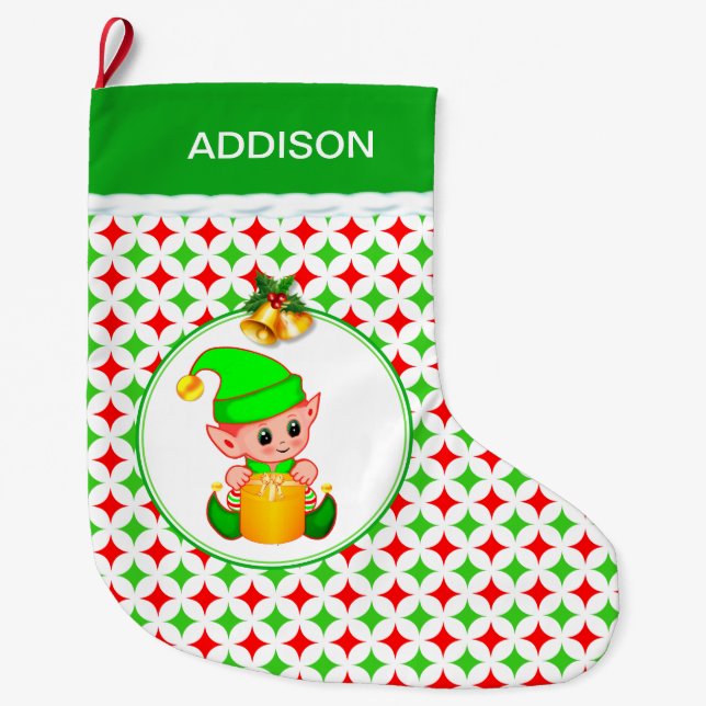 Grande Chaussette De Noël Elf mignon & Vert & Rouge Diamant Star Motif (Devant)