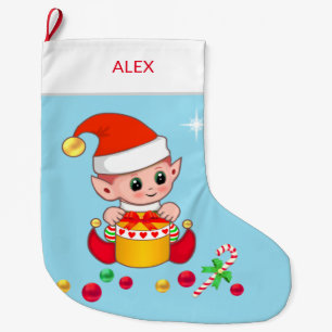 Grande Chaussette De Noël elfe de Noël avec des boules de Noël sur bleu clai
