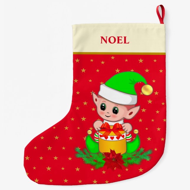 Grande Chaussette De Noël Elfe de Noël, étoiles, poinsettia & pin sur rouge (Dos)