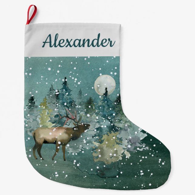 Grande Chaussette De Noël Elk majestueux dans la Pleine lune forestière Chut (Devant)