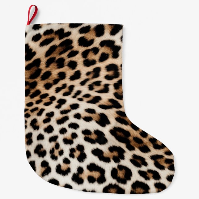 Grande Chaussette De Noël Empreinte de léopard noir crème (Devant)