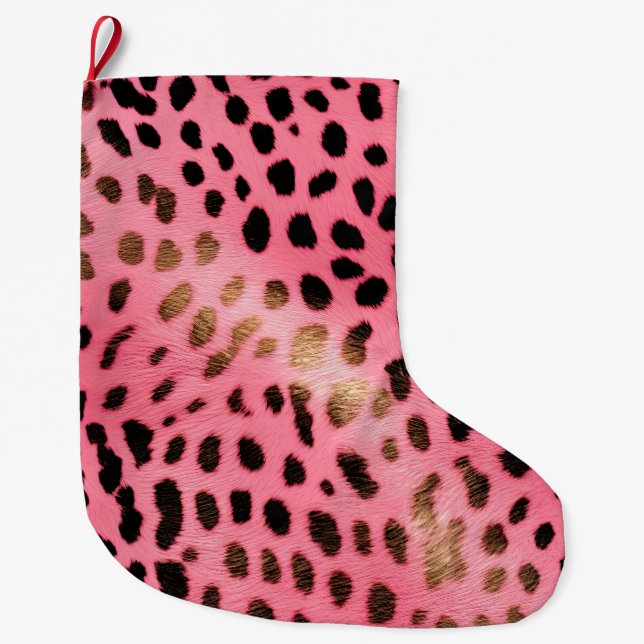 Grande Chaussette De Noël Empreinte de léopard noir rose Abstrait (Devant)