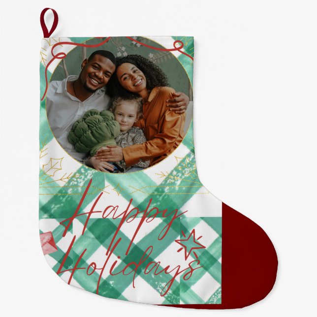 Grande Chaussette De Noël En vichy verte personnalisée (Devant)