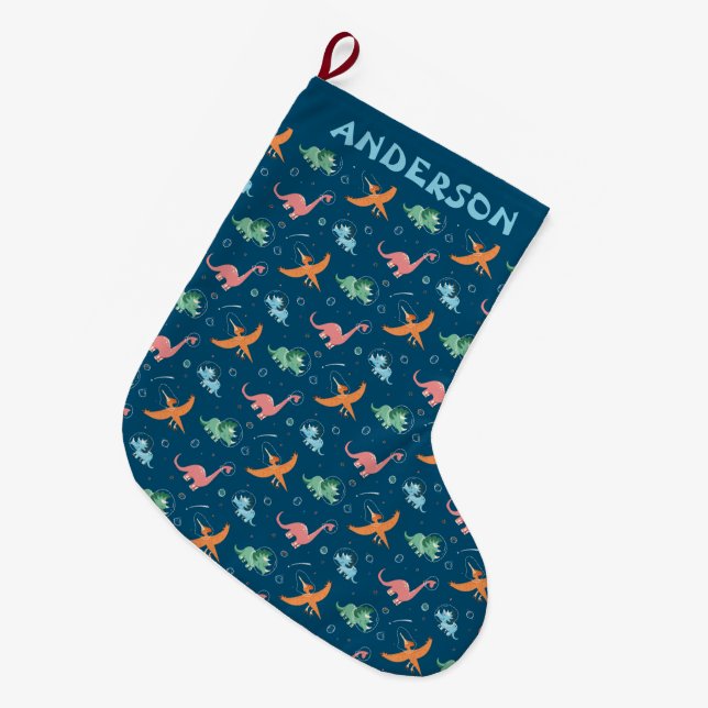 Grande Chaussette De Noël Espace Extérieur Dinosaur Vacance (Devant (Accrochage))