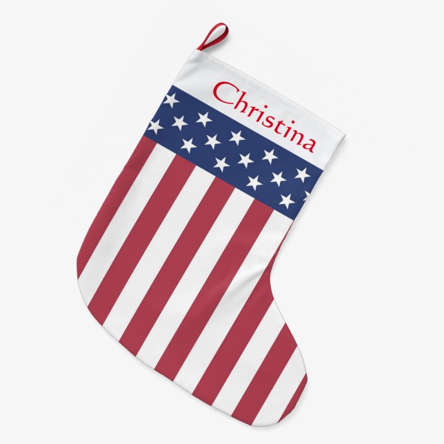 Grande Chaussette De Noël Étoiles patriotiques et rayures Noël Stocker (Devant (Accrochage))