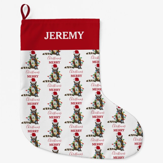Grande Chaussette De Noël Fantaisie Noël Raccoon Santa Hat Noël Lumières (Devant)