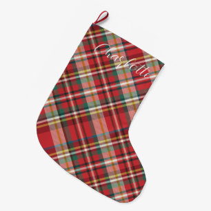 Grande Chaussette De Noël Farmhouse Plaid Personnalisée Script Rouge Personn