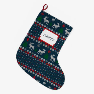 Grande Chaussette De Noël Faux Tricot Motif sapin de Noël et cerf