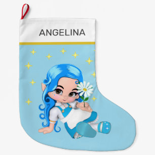 Grande Chaussette De Noël Fée céleste fille & étoiles sur bleu clair