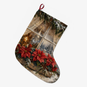 Grande Chaussette De Noël Fenêtre de Noël au poinsettia enneigé