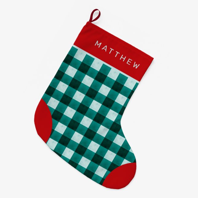 Grande Chaussette De Noël Ferme Chèque Buffle vert Turquoise Plaid avec nom (Devant (Accrochage))
