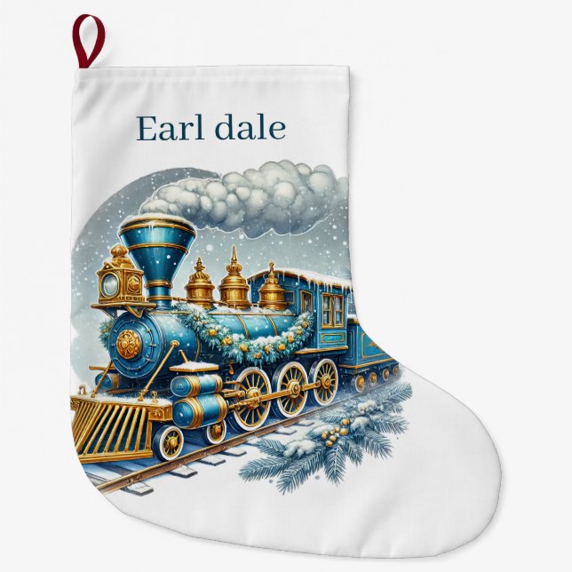 Grande Chaussette De Noël Festive bleu Noël train ajouter nom (Devant)