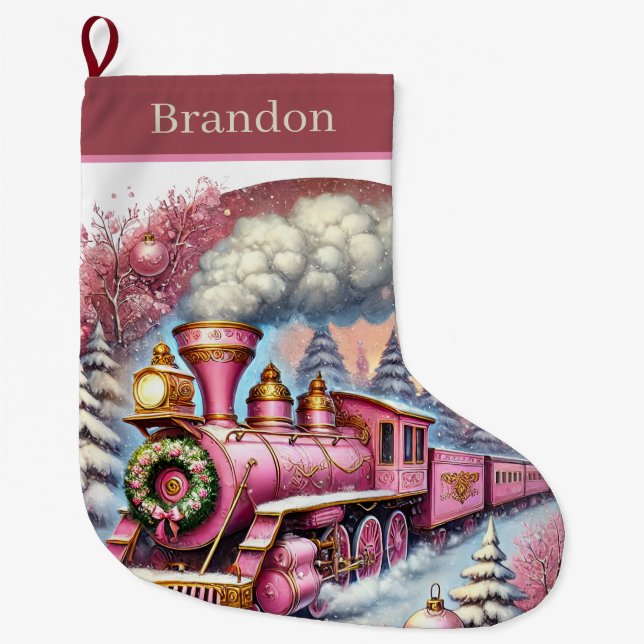 Grande Chaussette De Noël Festive Christmas train add name (Devant)