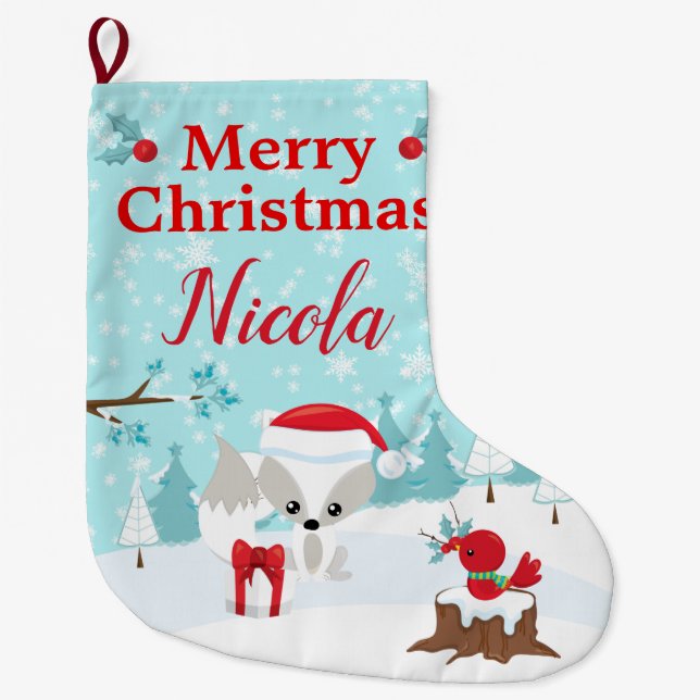 Grande Chaussette De Noël Festive Noël Arctic Fox & Winter Scene (Devant)