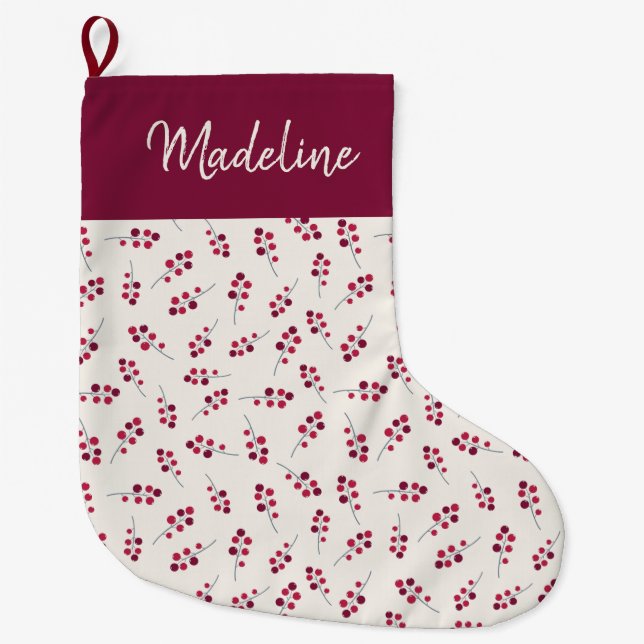 Grande Chaussette De Noël Festive Red Holly Pip Berries Monogrammé (Devant)