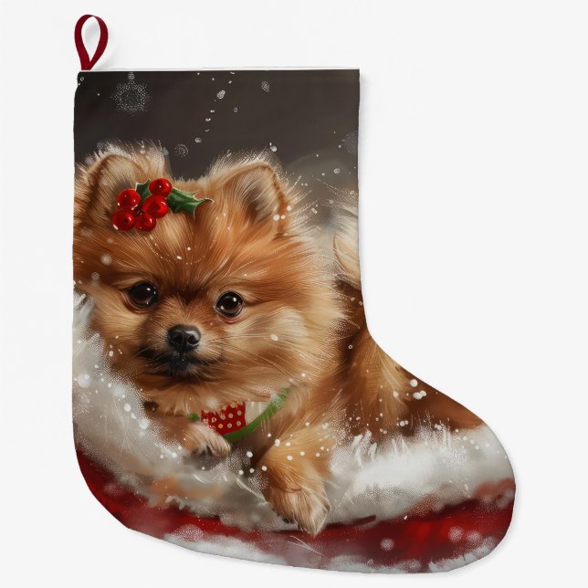 Grande Chaussette De Noël Fête de Noël de Chien de Poméranie (Devant)