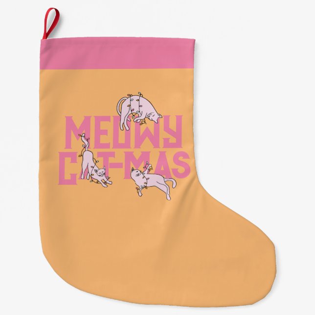 Grande Chaussette De Noël Feux de Noël de Meowy Chat Rose (Devant)