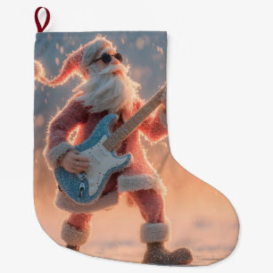 Grande Chaussette De Noël Figure de Père Noël jouant d'une guitare électriqu