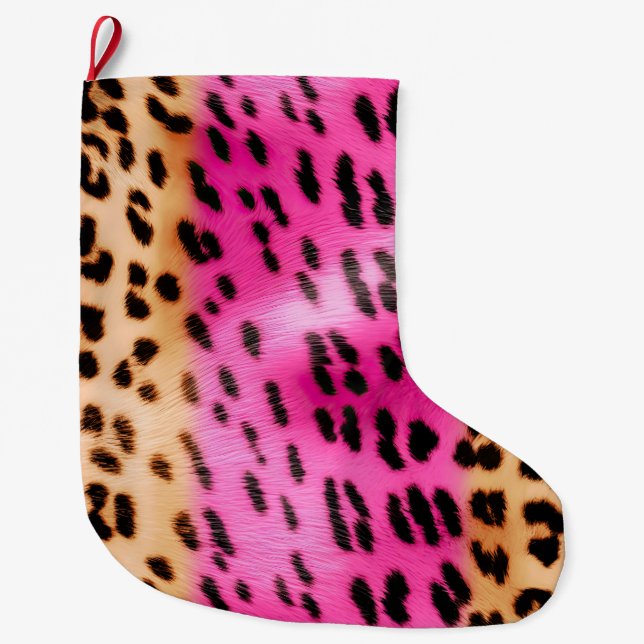 Grande Chaussette De Noël Fille Empreinte de léopard de crème rose (Devant)