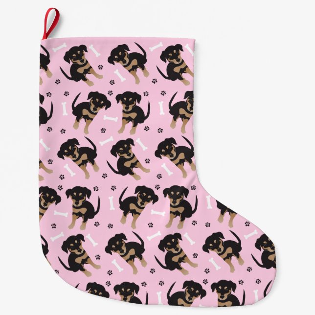 Grande Chaussette De Noël Fille Motif chiot rose (Devant)