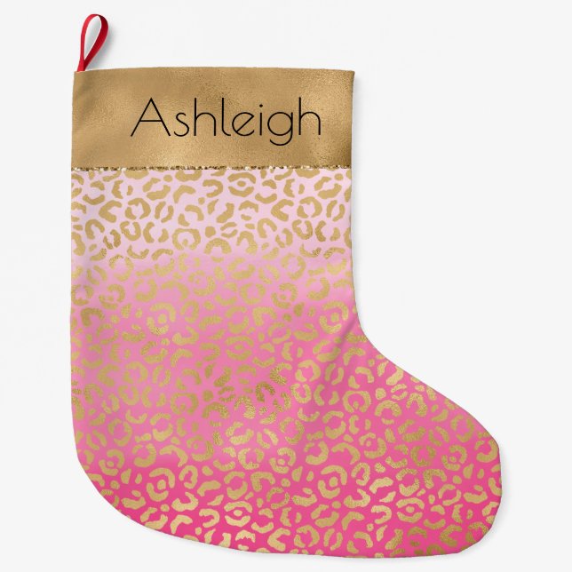 Grande Chaussette De Noël Fille rose Aquarelle or Empreinte de léopard (Devant)