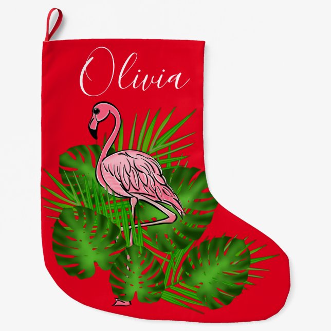 Grande Chaussette De Noël Flamant rose rose, Feuilles tropicaux (Devant)