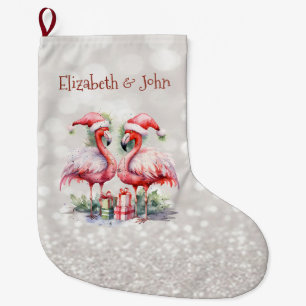 Grande Chaussette De Noël Flamants roses chapeau de Père Noël Cadeaux Paille