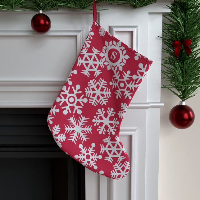 Grande Chaussette De Noël Flammes de neige blanches rouges Monogramme Noël S (A festive red and white snowflake pattern stocking with space for your initial)