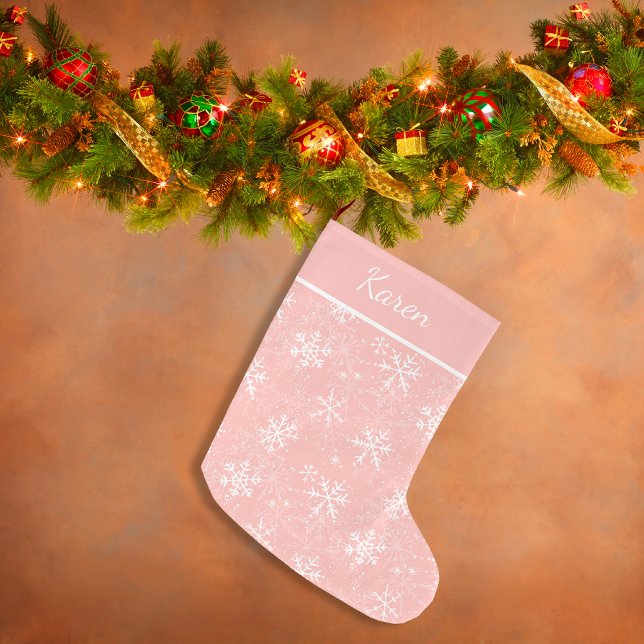 Grande Chaussette De Noël Flammes de neige rose et blanche nom Noël (Pink and white snowflakes name Christmas Large Christmas Stocking)