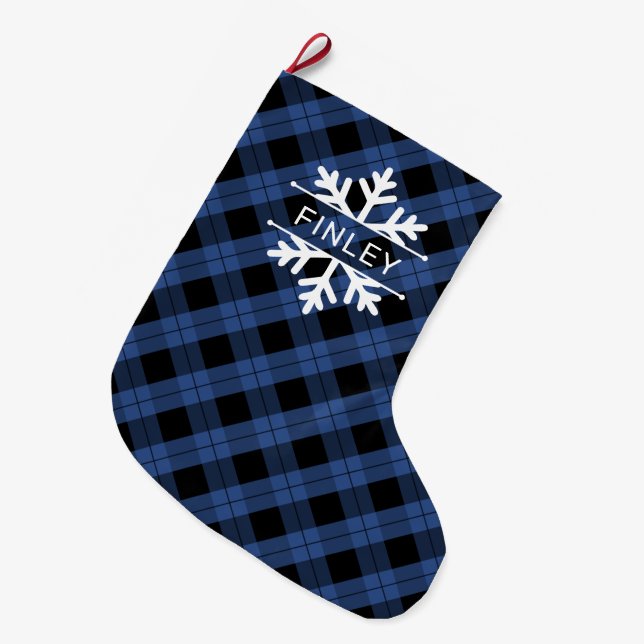 Grande Chaussette De Noël Flèches de neige bleu noir plaid Nom Noël (Devant (Accrochage))