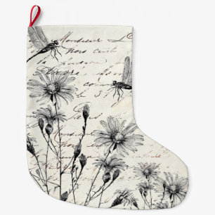 Grande Chaussette De Noël Fleur sauvage de script français Dragonfly Vintage