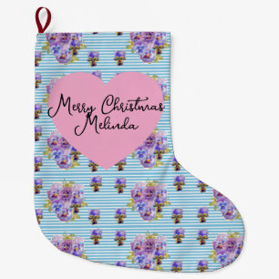Grande Chaussette De Noël Fleur shabby pastel bleu Noël nom de fille