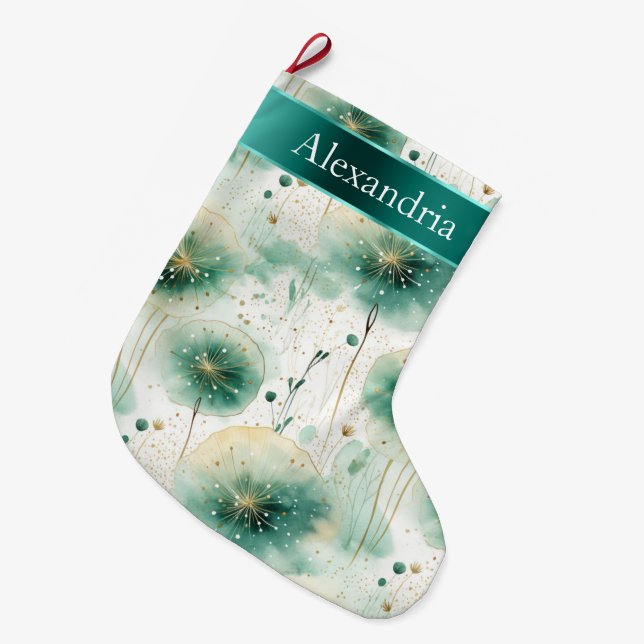 Grande Chaussette De Noël Fleurs blanches dorées Nom de Noël (Devant (Accrochage))