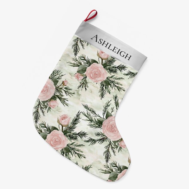 Grande Chaussette De Noël Fleurs blanches roses argentées Noël (Devant (Accrochage))