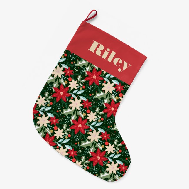 Grande Chaussette De Noël Fleurs Poinsettia et vacances Feuilles (Devant (Accrochage))
