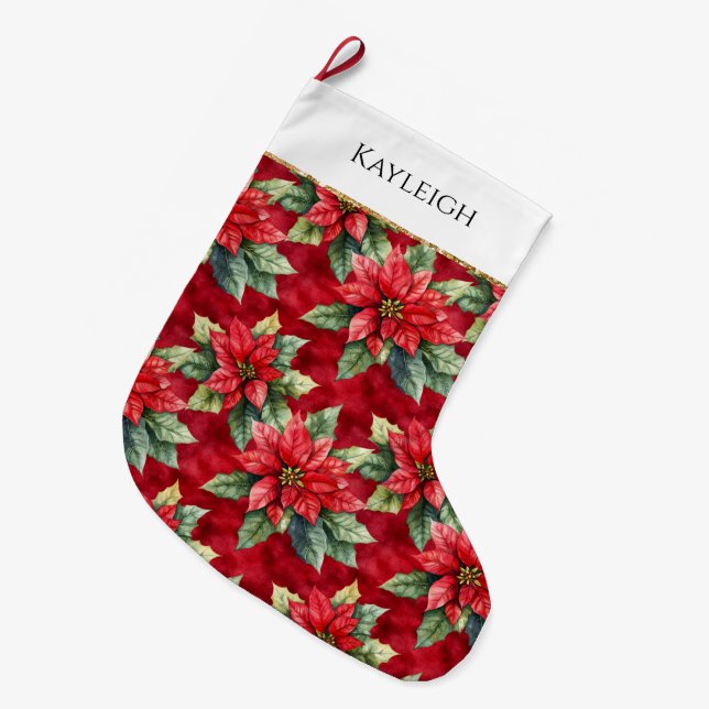 Grande Chaussette De Noël Fleurs rouges Poinsettia Parties scintillant or de (Devant (Accrochage))