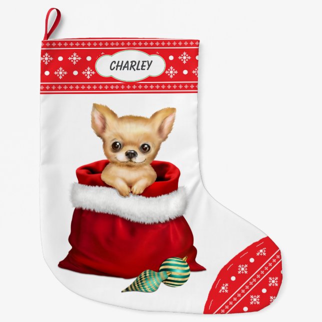 Grande Chaussette De Noël Flocon de neige Frontière Chihuahua Chiot Cadeau C (Devant)