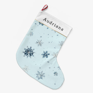 Grande Chaussette De Noël Flocons de neige bleus d'hiver