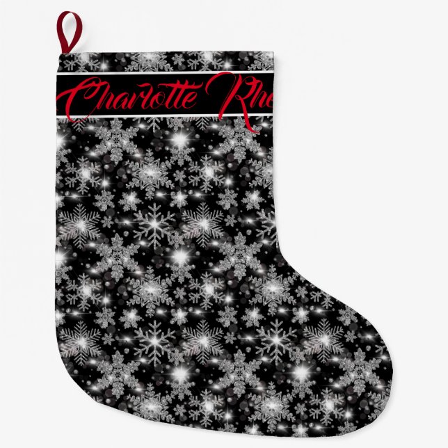 Grande Chaussette De Noël Flocons de neige festifs argentés pailletés motif  (Devant)