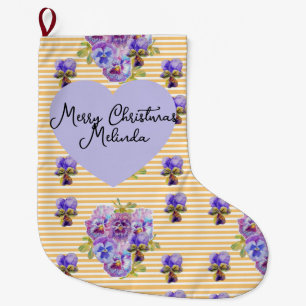Grande Chaussette De Noël Floral Violet Viola Jaune Pensée Nom de Noël
