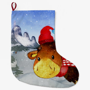 Grande Chaussette De Noël Forêt d'hiver Amis des bois Deer Illustration