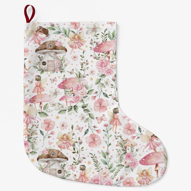 Grande Chaussette De Noël Forêt magique Fairy Rose Jardin Floral (Devant)