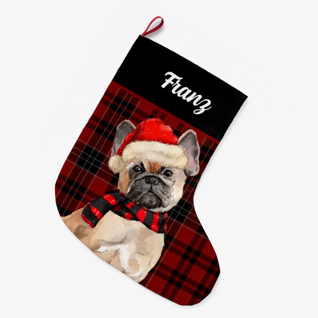 Grande Chaussette De Noël Frenchie Bulldog et Red Plaid avec le nom de chien (Devant (Accrochage))