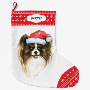 Grande Chaussette De Noël Frontière de Santa Hat Papillon Dog Snowflake