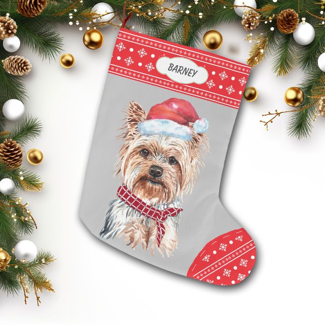 Grande Chaussette De Noël Frontière de Santa Hat Yorkie Snowflake (Créateur téléchargé)