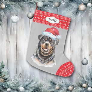 Grande Chaussette De Noël Frontière de Snowflake de Santa Hat Rottweiler