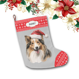 Grande Chaussette De Noël Frontière de Snowflake Sheepdog de Santa Hat Shetl